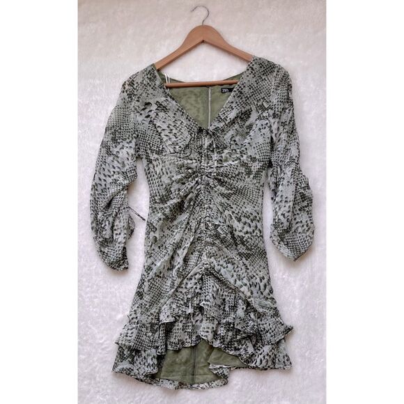 NWOT Zara Animal Print Draped Ruched Flounce Hem Tied V Neck Mini Dress, Small - Picture 13 of 16